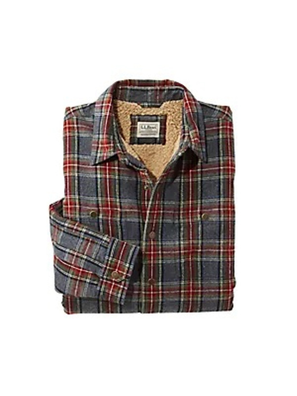 Men's L.L.Bean Gray Red Plaid Sherpa Lined Shirt Jacket S